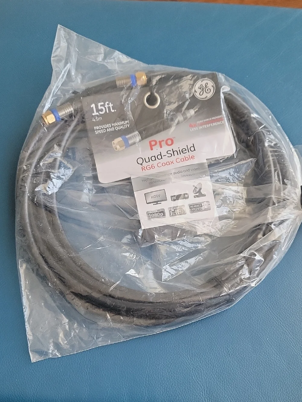 GE Pro Quad-Shield RG6 Coax Cable - 15ft - Black with Gold Connectors